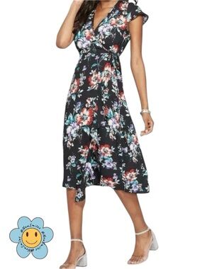 Xhilaration ~ Faux Wrap ~ Midi Dress ~ Floral ~ V in Front & Back w/ Back Tie